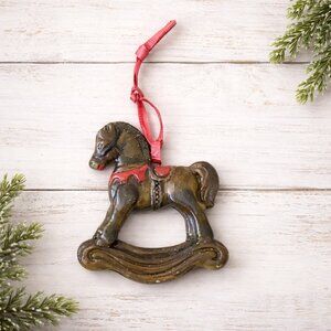 Vintage Rocking Horse Ornament Green Iridescent Glitter Resin w/ Ribbon